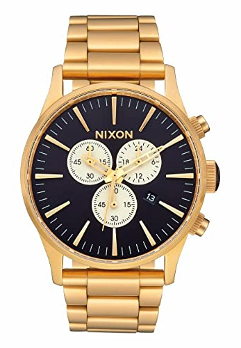 Nixon Sentry Chrono Herren Chronograph Analog Edelstahl Gold-Indigo 42mm, Wasserdichtigkeit: 10 Bar, A386-2033-00