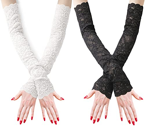 Huture 2 Paare Damen Spitzen Handschuhe Spitzenhandschuhe lang Vintage Brauthandschuhe Blumenspitze Handschuhe Braut Hochzeit Sexy Prom Oper für Tea Party 1920er Jahre Kostüme, Schwarz Weiß