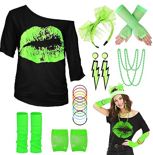 WILDPARTY Completo anni '80 e '90 da donna, t-shirt, scaldamuscoli, fascia per capelli, orecchini, collana, guanti a rete, accessori per feste a tema in costume anni '80 e '90