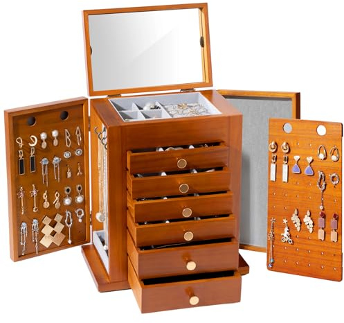 ProCase Portagioie Donna Ragazza Grande, Scatola Porta Gioielli in Legno, Portagioie Cofanetto Jewelry Organizer per Gioielli Orecchini Anelli Braccialetti Collane - Marrone