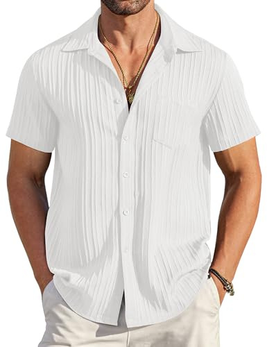 COOFANDY Men's Casual Button Down Shirts Short Sleeve Textured Linen Summer Beach Shirt with Pocket A-White
