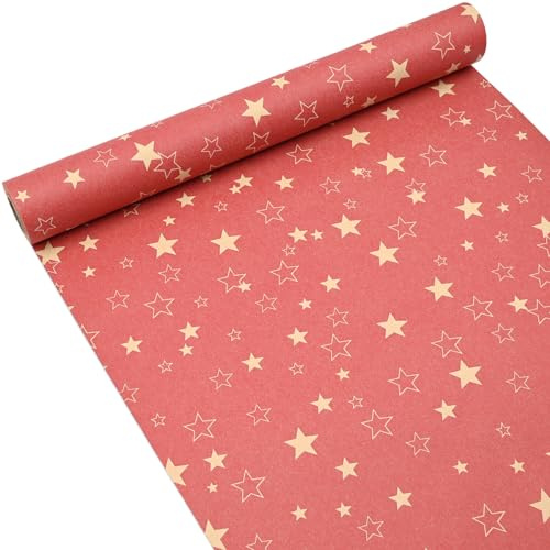Rollo de papel de regalo de 15 m x 43 cm, papel de estraza rojo, diseño de estrella, rollo de papel de regalo reciclable para cumpleaños, boda, día de San Valentín, día de la madre
