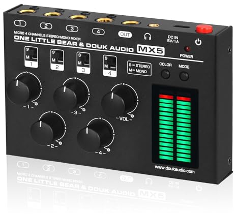Douk Audio MX5 Mono/Stereo 4-Kanal Audio Mixer Ultra-rauscharmer Line Mixer LED Pegelmesser