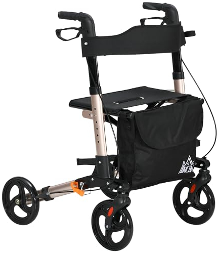 HOMCOM 4 Wheel Rollator with Seat and Back, Folding Mobility Walker with Carry Bag, Adjustable Height, Dual Brakes, Cane Holder, Lightweight Aluminium Walking Frame for Seniors and Disabled, Gold Tone
