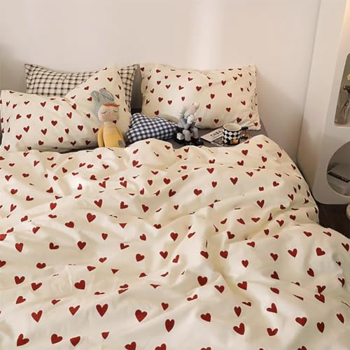 AShanlan Bettwäsche 135x200 Mädchen Rot Herzen Kinderbettwäsche Set mit Kissenbezug 40x80 cm Microfaser Rot Weiß Herzmotiv Kinder Jugendliche Bettbezug Set mit Reißverschluss