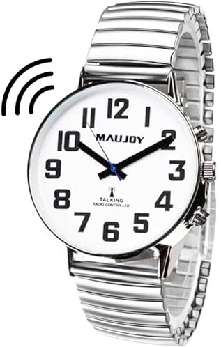 MAUJOY Sprechende Uhr Sehbehinderte Funkuhr I Deutsch Sprechende Herren Armbanduhr I Blindenuhr I Datum und Zeitansage I Für Blinde, Senioren und Demenzkranke (Silber)