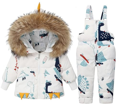 Niños Traje de Esquiar Invierno 2 Piezas Atuendo Colocar, Niña Encapuchado Abajo Chaqueta y Nieve Babero Pantalones Dinosaurio Dibujos Animados Traje de Esquí Colocar