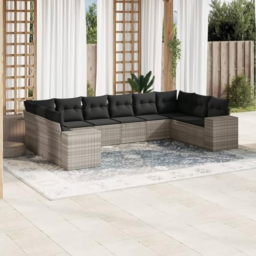 Homgoday Juego de 10 sofás de jardín con cojines para balcón, muebles de jardín, sofá de jardín, balcón, sofá, sofá de esquina, muebles de balcón, muebles de jardín, color gris claro