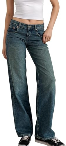 Wonyier Jeans a vita bassa e larghi per donna, stile Y2K, jeans a gamba dritta Bootcut, jeans Boyfriend in denim larghi e casual per ragazze adolescenti, S