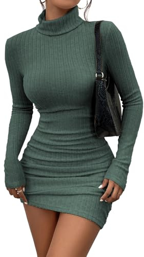 HBQ Women's Casual Sweater Dress Turtleneck Ribbed Bodycon Long Sleeve Mini Knit Dresses 2025 Fashion-Green-S