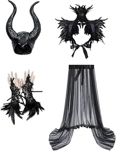 AOLIUP Maleficent Kostym kvinnor: Ond drottningklänning med horn gotisk fjäderkappa fjäder manschett och tyllkjol för halloween karneval karneval maskerad utklädnad cosplay partykläder