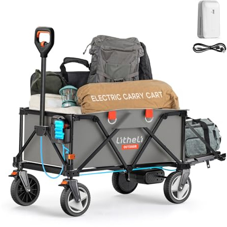 Litheli Carretilla eléctrica Plegable, Carro de Mano Plegable con Frenos, 200 L, 60 kg, Carro Plegable Adecuado para Camping, jardín, Compras (Gris, 1 batería)