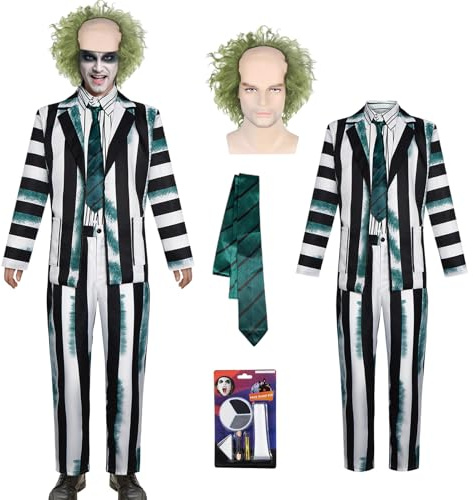 Raveparty Black and White Striped Suit Men, Halloween Costume Men, Mens Halloween Fancy Dress with Wigs Face Paint for Adult Mens Party Costume (Black-White, XL)