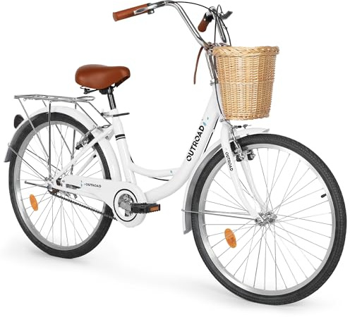 Brightpeak Beach Cruiser Bike for Women & Men - 24 Comfort Bike with Front Basket & Rear Rack, High-Carbon Steel Frame, Adjustable Seat (White)