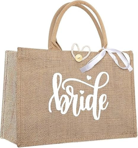 Bride Borsa per il trasporto in iuta elegante e borsa per la spesa per regali di nozze, accessori per la squadra della sposa, in iuta regalo da sposa 35 x 25 x 13 cm lino