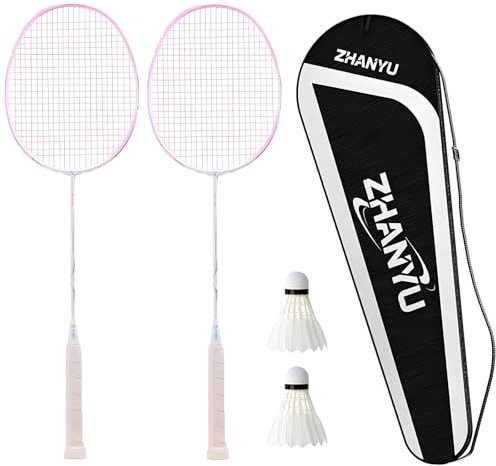 HTGWCCEWM Set di 2 racchette da badminton per adulti, racchetta da badminton per adulti, racchetta da allenamento professionale per uomini e donne, con 2 racchette in fibra di carbonio, 2 volani, 1