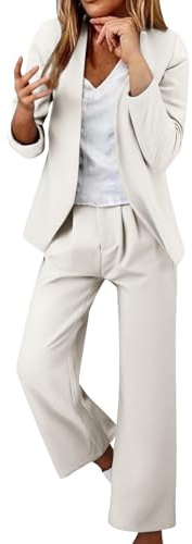 Generisk byxkostym dam affärskläder fritidsoverall elegant, kostym stora storlekar fritid kostym jacka och breda kostymbyxor enfärgad kostymer slim fit byxor bekväm damkostym, Vit, L