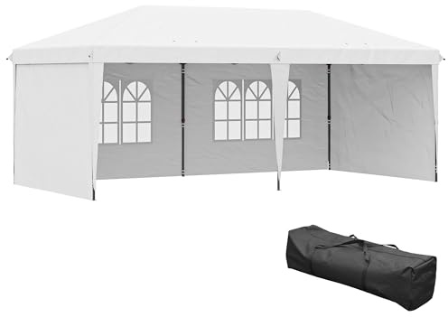 Outsunny Carpa Plegable 6x3 m, Pop-up, con 4 Laterales Desmontables, Cenador de Jardín con 2 Ventanas Visibles, Bolsa de Transporte, Impermeable, Anti-UV, Gazebo para Camping, Fiestas, Exterior Blanco