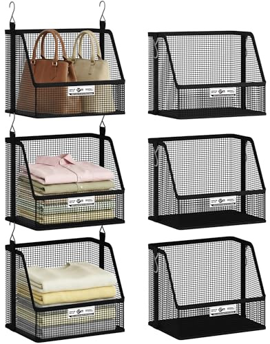 STORAGE MANIAC 3 Tier Hanging Closet Organizer with Mesh Baskets, Clothes Hanging Shelves, Foldable Stackable Storage, Space-Saving Collapsible Basket with Hooks for RV, Dorm, Bedroom, College, Black