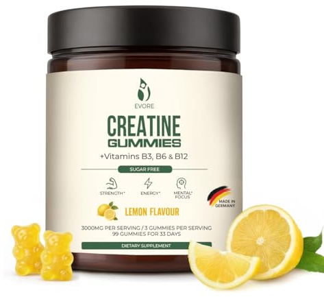 Gominolas de Creatina – 3000 mg de creatina por porción – 99 gominolas sin azúcar – Probadas en laboratorio, hechas en Alemania – con vitaminas B3, B6 y B12 – alternativa tabletas y polvos – Limon