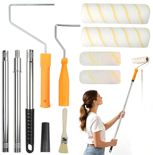 Juego de rodillos de pintura con 4 barras telescópicas de acero inoxidable de 30 cm, 2 fundas de 23,5 cm y 2 fundas de microfibra de 10 cm, rodillo de pintura para paredes, techos, herramientas de