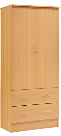 HODEDAH 2 Door Wood Wardrobe Bedroom Closet with Clothing Rod inside Cabinet and 2 Drawers for Storage, Beech