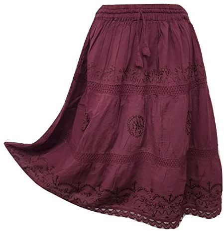 Doorwaytofashion Womens Knee Length Cotton Skirt Tiered Embroidered Adjustable Waist Lined One Size 8 10 12 14 16
