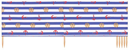 Ladeheid Windschutz Strand Sichtschutz mit Holzstab praktisches Strand Zubehör LAEX001 (Streifen/Marine Gegenstände-4, 10 m)