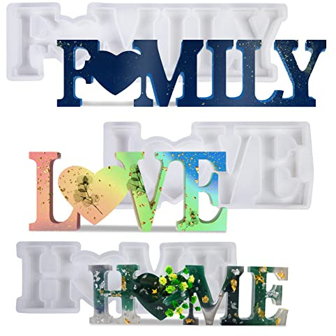 Mitening 3pcs Moules en Résine, Alphabet Silicone Moule, Aiboria Love Home Family, Kit pour Époxy Bricolage, 3D Acrylique Agate Mold pour Décoration Table