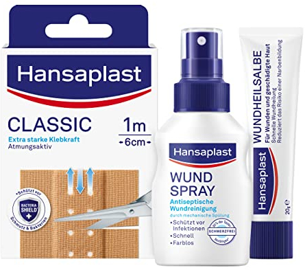 Hansaplast Wundspray (50 ml), zur antiseptischen Wundreinigung durch mechanische Spülung + Wundheilsalbe (20 g), Wundsalbe für eine schnelle Wundheilung + Classic Pflaster (2 m x 6 cm)