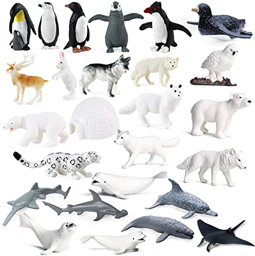 SIENON 26Pack Polar Animal Figures, Mini Plastic Arctic Antarctic Sea Creatures Penguin Polar Bear Walrus Snowy Owl Wolf for Kids Educational Christmas Birthday Cake Topper Gift Easter Egg Decor