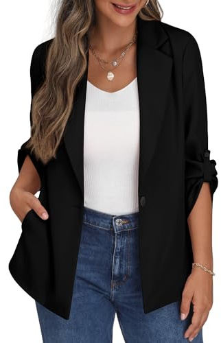 PrinStory Blazer Jackets For Women Ladies Lapel Open Front Cardigan Casual Blazers Suit With Pockets Buttons For Work Office (Black, 20-22)