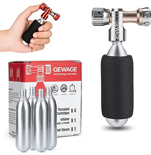 GEWAGE CO2 Luftpumpe für Fahrradreifen - CO2 Fahrradpumpe inkl. 4 Pack CO2 Kapseln 16g mit Gewinde und kompatiblen Presta & Schrader Ventil für Mountainbike und Rennrad. (Splitter)