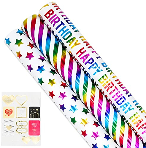 Geschenkpapierrolle, 3 Designs, Geschenkpapier in Rollenverpackung mit Aufklebern, 17 Zoll x 10 Fuß, für Geburtstags- und Geschenkverpackungen zu jedem Anlass