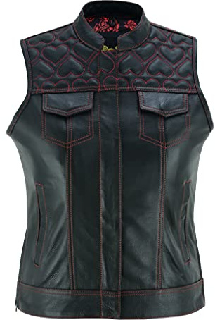 Leatherick Svart motorcykelväst i läder för kvinnor, traditionellt kashmir-satinfoder med rosa och röda hjärtsömmar, Sydt rött hjärta, XL
