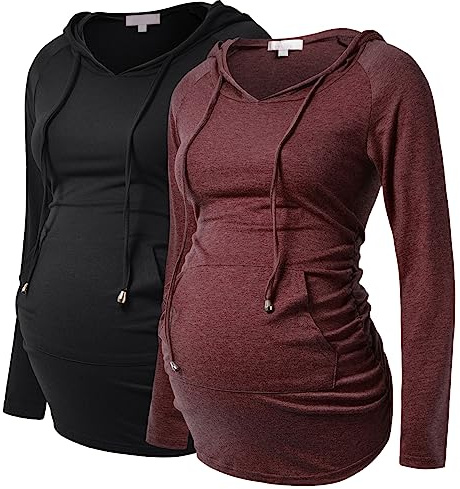 Bhome Maternity Hoodie Long Sleeves Shirt Casual Top Basic Tee Layering Sweatshirt Purple Black/Burgundy M