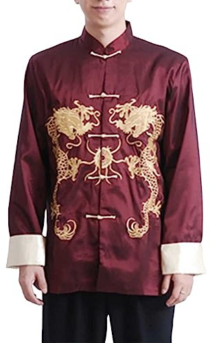 Chinese Style Wedding Long Cheongsam Robe Tang Suit Men Mandarin Collar Martial Arts Kung Fu Hanfu Uniform (49-Wine Red, L)