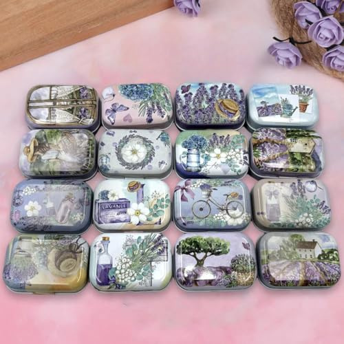 8Pcs Mini Lavender Flower Tin Trinket Jewelry Organizer Storage Box Decorative Boxes Small Metal Tins with Hinged Lids Portable Box Containers Storage Kit