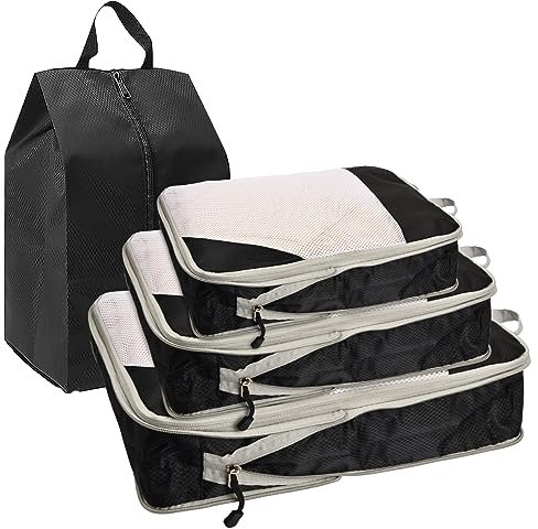 Alforjas de Compresión 4 Piezas Organizador de Ropa Resistente al Agua Maleta Juego de Cubos de Embalaje de Compresión Almacenamiento de Equipaje Reutilizable Bolsas de Viaje Negras