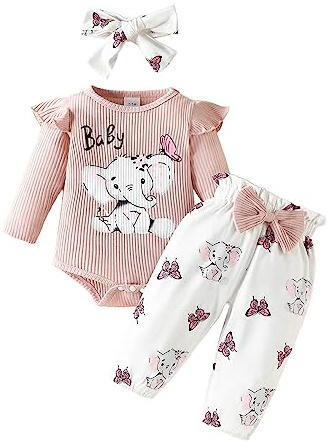 SoLu DAY8 Vetement Bébé Fille Ete Ensemble Garcon Naissance Printemps Chemise Blouse T Shirt Fille Manche Longue Haut Top Body Combinaison Bowknot Pantalon Bandeau (0-3 mois, Rouge-4)