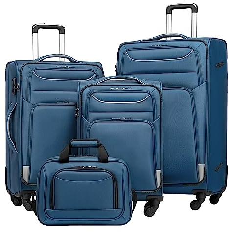 COOLIFE Koffer Trolley Koffer Reisekoffer von 4 Rollen Stoffkoffer Handgepäck TSA-Schloss Der Koffer Enthält 1 Große Umhängetasche (Koffer-Set 4tlg, blau+Silber)