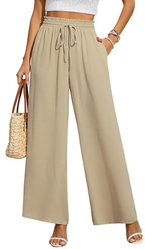 BEIGAI Pantalones de mujer con cintura elástica alta y pierna ancha con bolsillos, elegantes y sueltos, estilo palazzo para salón, caqui, 3XL Grande