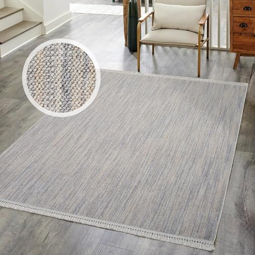 carpet city Kurzflor Teppich Wohnzimmer Grau - 200x290 cm - Einfarbig, Meliert - Fransen-Teppiche Modern, Boho für Schlafzimmer, Esszimmer