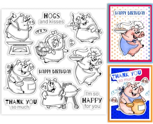 GLOBLELAND Cartoon Kochschwein, Klare Stempel Zum Basteln von Karten, Essen, Glückliches Schwein, Klare Stempelsiegel, 5.91x5.91 Zoll, Transparente Stempel Für DIY Scrapbooking, Fotoalbum, Tagebuch