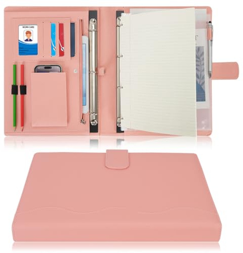 Wonderpool A4 PU Cuir Porte Document Classeur Anneaux Planchettes à pince Amovible Dossier De Conférencier pour Organiseur Conférence Réunion Bureau Voyage École (Rose)