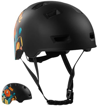 Crazy Safety Rampage Schwarze Blume | Fahrradhelm, Skateboardhelm, Inlinerhelm und BMX-Helm | Fahrradhelm für Männer, Frauen und Kinder | M (54-57cm) | Verstellbarer Helm für Skater und Radfahrer