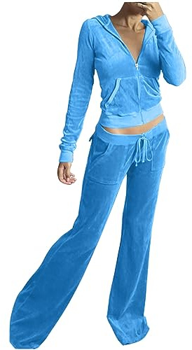 Flodxo Women's 2 Piece Velour Tracksuit Set Long Sleeve Full Zip Hoodie Cropped Jacket and Wide Leg Long Sweatpants Y2K Loungewear Sweatsuit Sports Yoga Gym Jogging Workout Set Sky Blue M