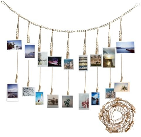 Confezione da 2 clip per collage, perline in legno da appendere con 18 clip in legno, perline bohémien, per foto, decorazioni da parete, cornici fai da te multiple per feste