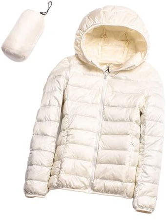 GOBIWM Piumino da donna con cappuccio, ultra leggero, corto, invernale, trapuntato, imbottito, con borsa per il trasporto, bianco, XS