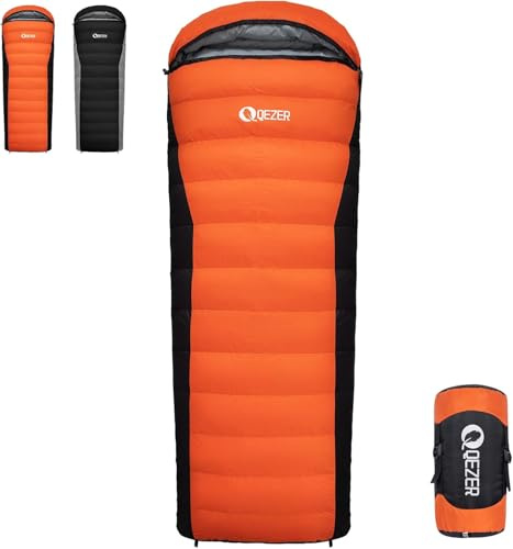 QEZER Down Sleeping Bag,Lightweight Rectangular Winter Sleeping Bag [1180g/1860g] for Adults and Kids 4 Season Camping, Hiking,Warehouse and Moutaineering Outdoor-Spring Camping